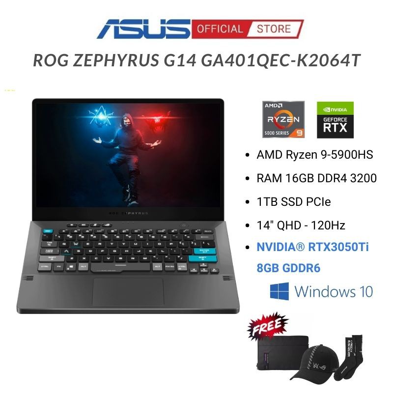 Laptop Asus ROG Zephyrus G14 GA401QEC-K2064T (Ryzen 9-5900HS | 16GB | 1TB | RTX 3050 Ti 4GB | 14.0 inch QHD | Win 10 )