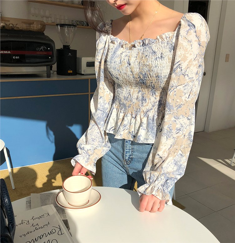 Korean style one-line collar fold design floral long-sleeved shirt women | BigBuy360 - bigbuy360.vn