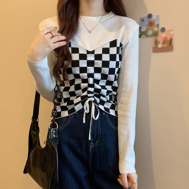 Áo croptop dệt kim tay dài dáng ôm phối dây rút trước họa tiết kẻ sọc thời trang mùa thu quyến rũ cho nữ