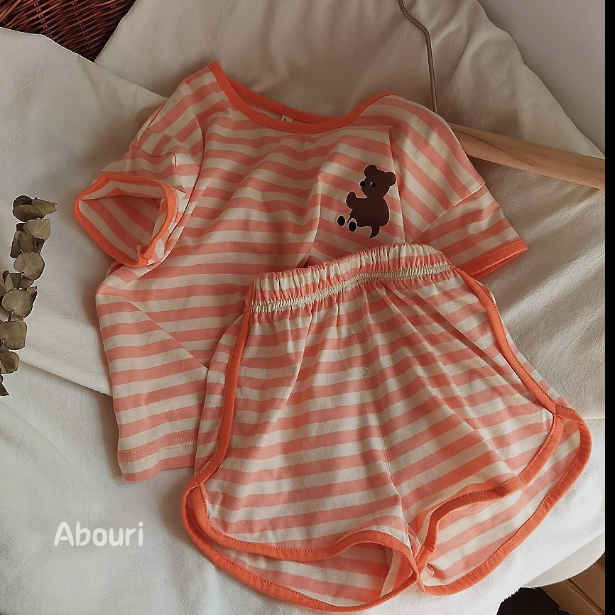 Set Áo Thun Ngắn Tay Kẻ Sọc + Quần Short Thời Trang Mùa Hè Phong Cách Hàn Quốc Cho Bé