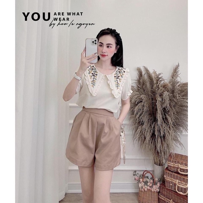Set bộ sơ mi đũi trắng cổ thêu hoa mix sooc kaki nâu be