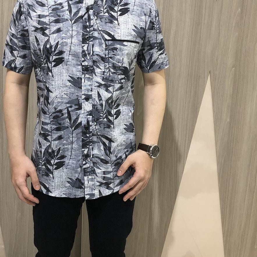 Áo Sơ Mi Cotton Ngắn Tay Họa Tiết Hoa Lá Màu Xanh Dương & Xám Size S094 Cho Nam