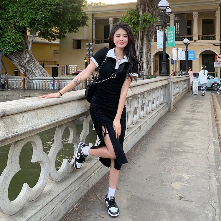 COZOK Đầm Cổ POLO Dáng Ôm Rút Dây Xếp Ly Màu Tương Phản Trẻ Trung