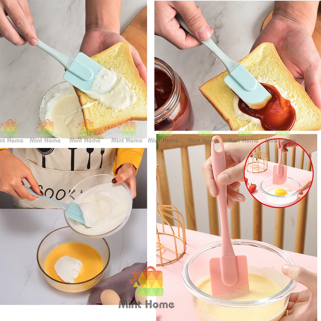 Bộ dụng cụ làm bánh 3 món silicon gồm chổi cọ quét dầu ăn, spatula trộn bột, phới dẹt silicone đánh trứng kem chịu nhiệt