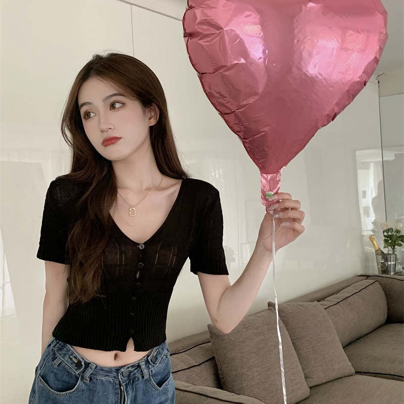 SUXI Áo Dệt Kim Ngắn Tay Cổ Chữ V Màu Sắc Trơn Thời Trang Mùa Hè Cho Nữ