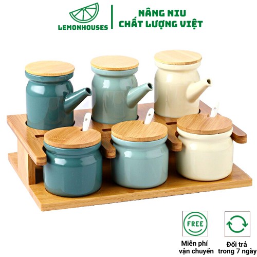 Hũ Đựng Gia Vị Khay Gỗ, Lọ Dung Tích 500ml Và Hũ Dung Tích 300ml, Chất Liệu Gốm Xứ Tiện Lợi, Chống Ẩm Mốc, Côn Trùng
