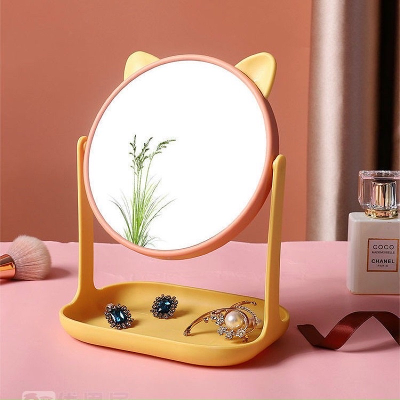Gương trang điểm để bàn tai mèo có khay để đồ trang sức