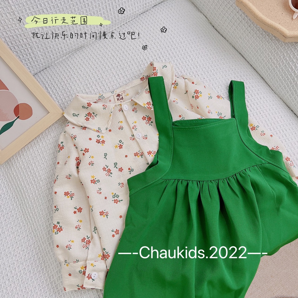 Váy thu đông vintage cho bé gái, set váy yếm xanh tươi mát kèm áo sơ mi hoa nhí cho bé