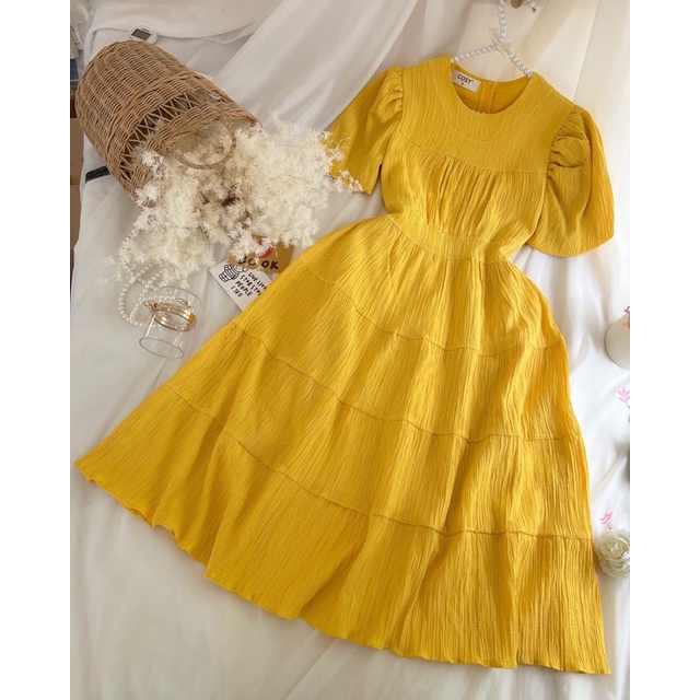 Đầm midi xốp tầng tay bồng CS