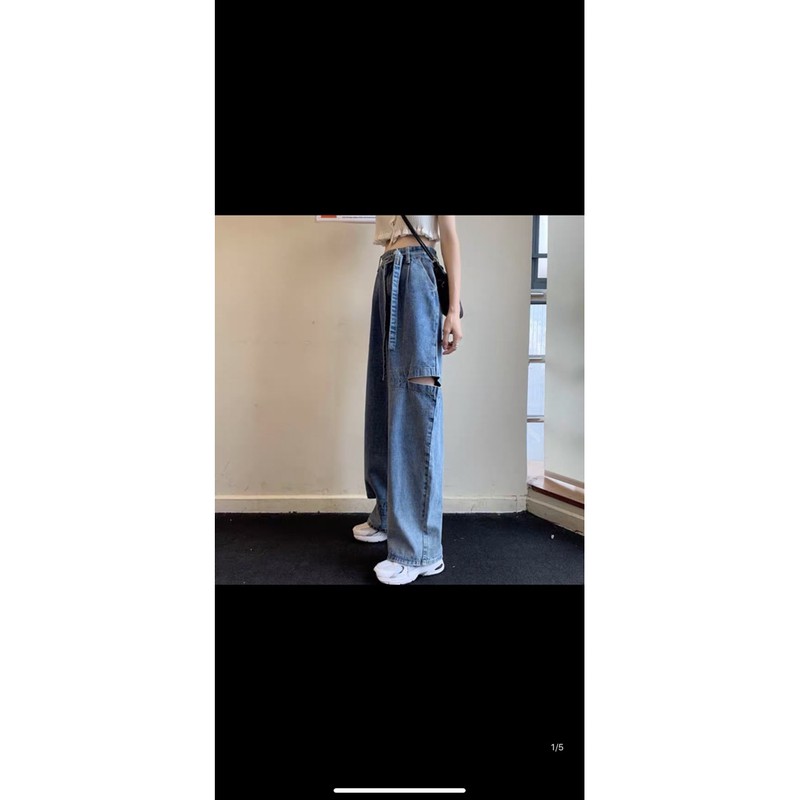 Quần baggy jean ống suông kèm dây nịt rách sườn | BigBuy360 - bigbuy360.vn