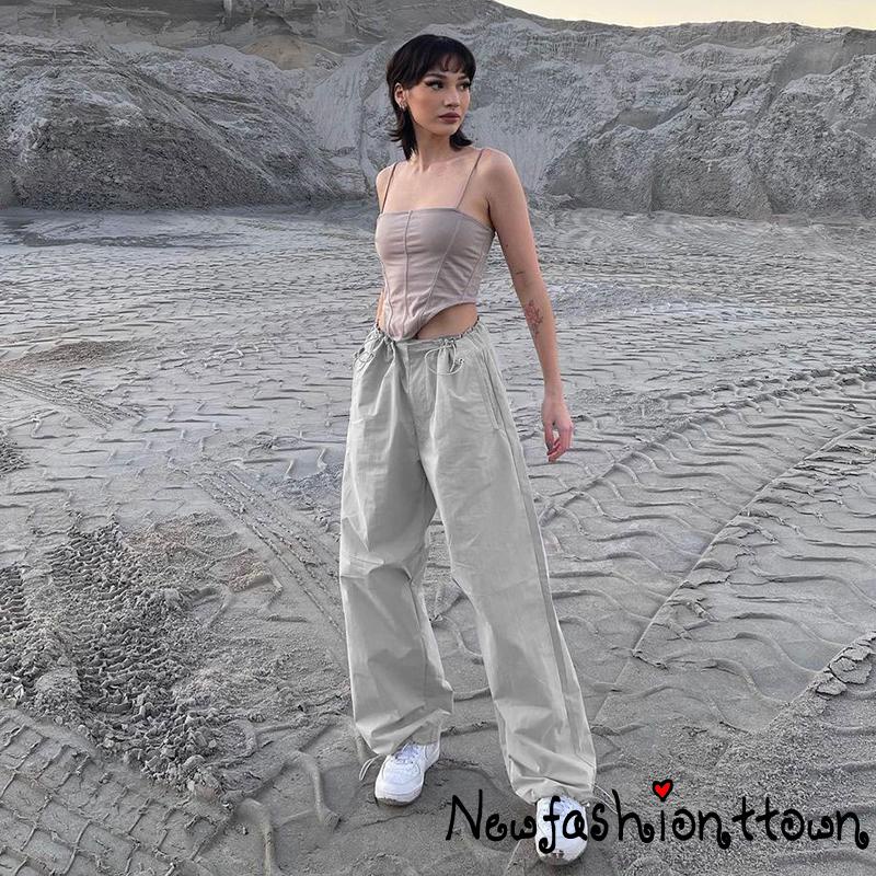 Nfashion-y2k Quần Dây Rút Lưng Vừa Màu Trơn Thư Giãn Có Túi Dành Cho Nữ