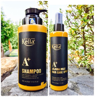 Combo dầu gội và xịt dưỡng phục hồi Kella A+ với tinh dầu Argan và Inca-Inchi dành cho tóc hư tổn, khô xơ