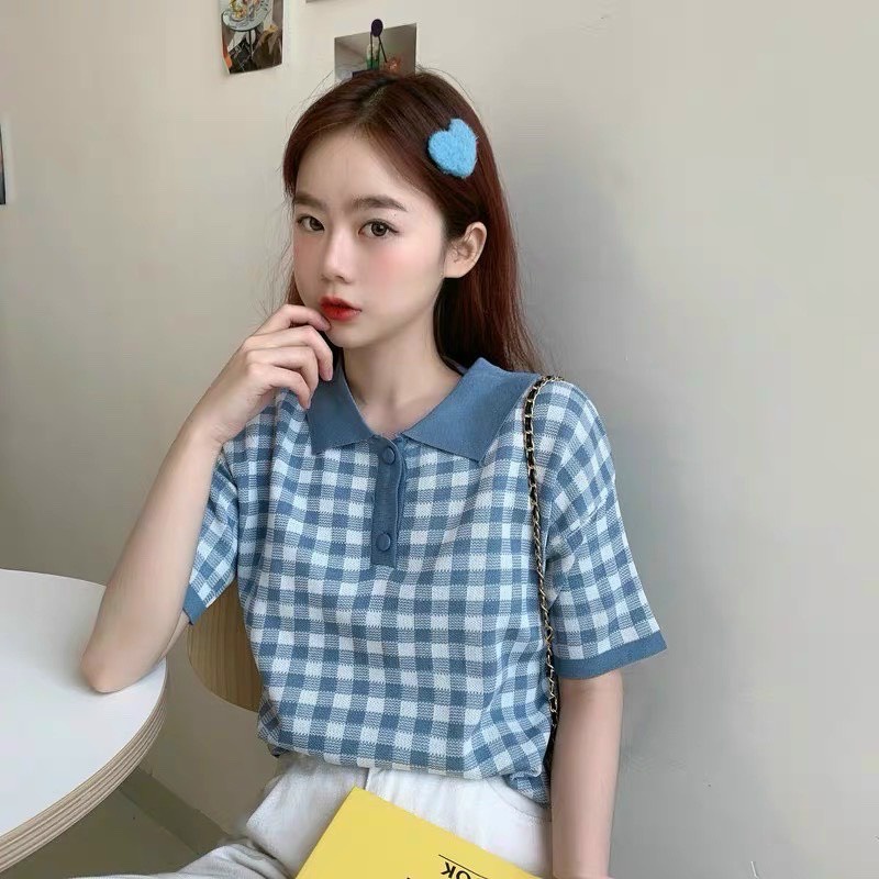 Áo len cổ bẻ kẻ caro phong cách ulzzang Hàn Quốc