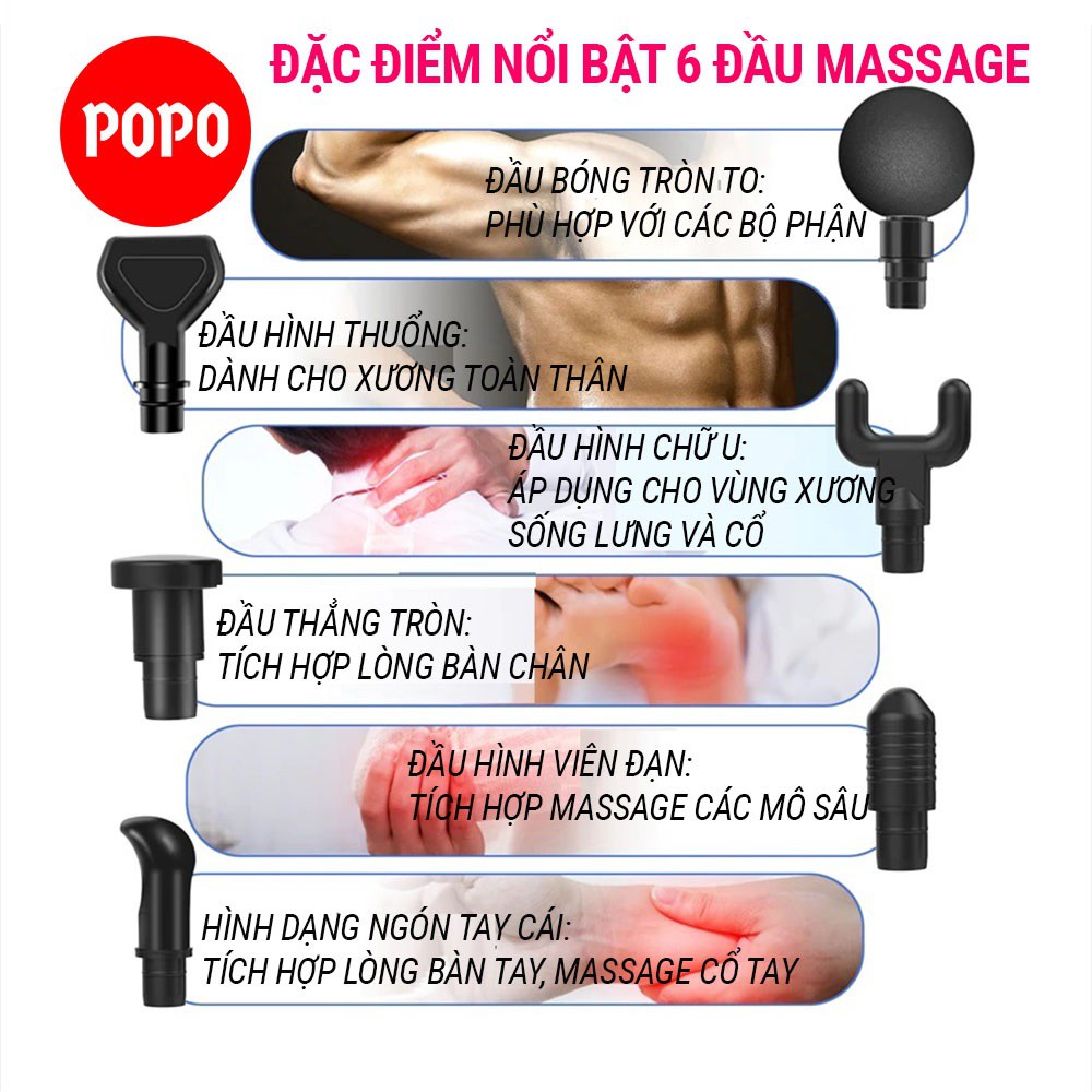 Máy massage  Fascia Fun cầm tay giúpmassage trị liệu FG059 có 6 đầu massage 30 mức độ rung - trị nhức mỏi toàn thân POPO