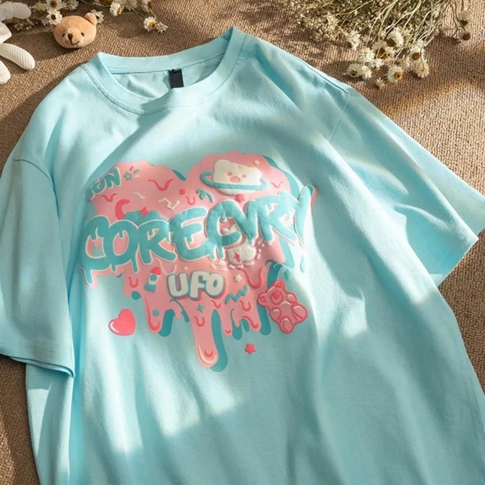 Áo Thun Tay Ngắn Cổ Tròn Dáng Rộng In Họa Tiết Trái Tim Graffiti Đơn Giản Thời Trang Cho Nữ Size 2XL