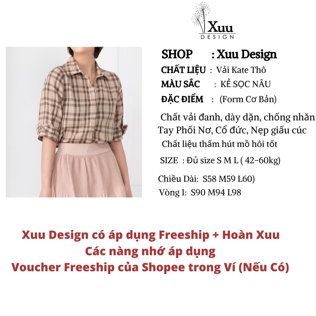 Áo Sơ Mi Nữ Xuu Design, Áo Kiểu kẻ caro nâu cổ đức [BS07 kẻ nâu