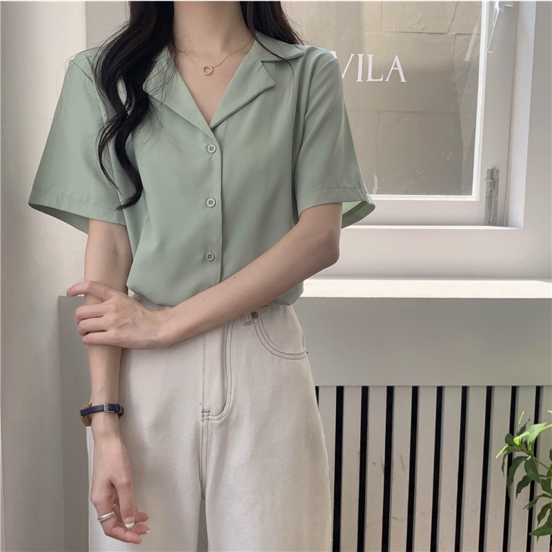 Áo sơ mi XIAOZHAINV tay ngắn màu sắc trơn phong cách Hàn Quốc cho nữ có 8 màu lựa chọn