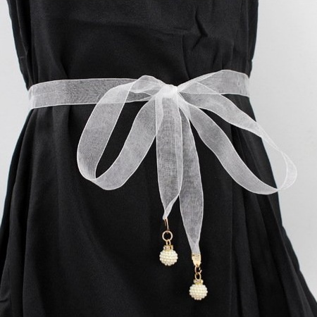 Đai váy vải voan trơn gắn ngọc, dây lưng nữ thắt nơ thanh lịch