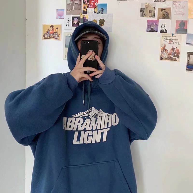 Áo hoodie dài tay dáng rộng màu trơn họa tiết hoạt hình thời trang Thu Đông cho nam