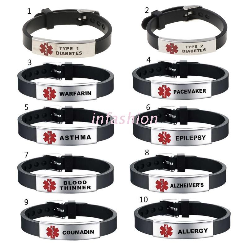 INF Stylish Red Medical- Alert ID Bracelet Emergency First Aid Adjustable Type 1 Diabetes Silicone Bangle Wristband Unisex