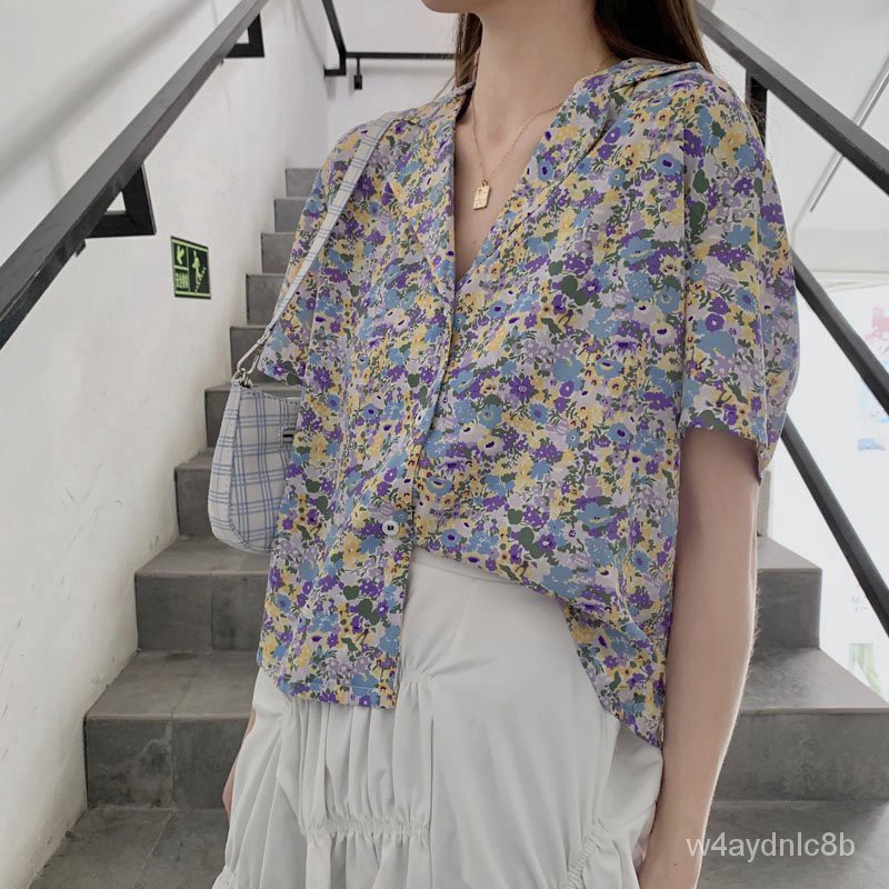 Áo Sơ Mi Hoa Ngắn Tay Vải Chiffon Kiểu Hàn Quốc