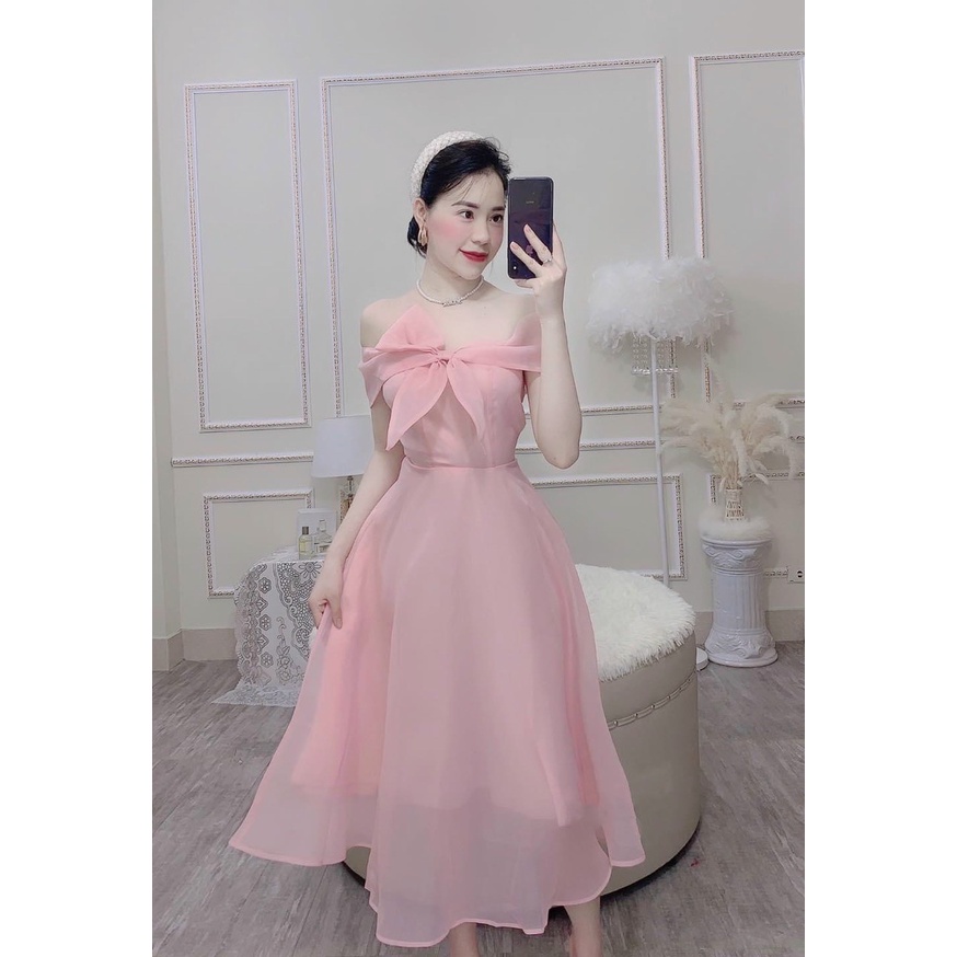 [Sale 9.9 free ship] Đầm công chúa đi dự tiệc phong cách sang trọng với thiết kế trễ vai phối nơ cực đẹp