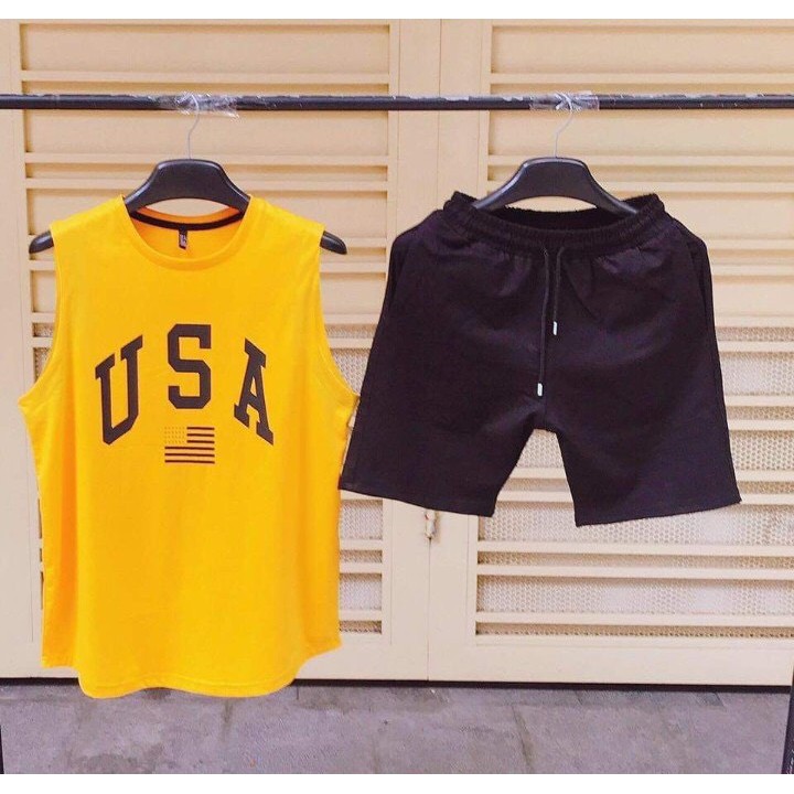 Bộ mặc nhà USA sát nách chất thun mè cao cấp Unisex bigsize dành cho nam nữ mặc nhà ngủ thể thao tập gym du lịch đi biển