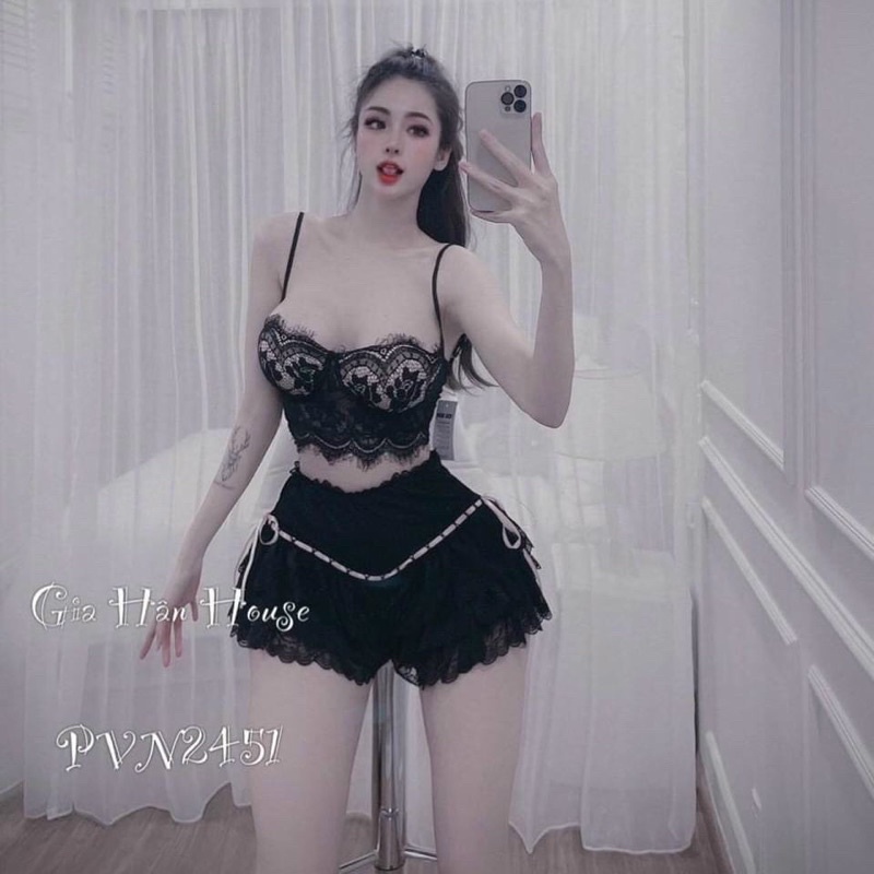 Set áo 2 dây ren đính nút và quần ren nhiều tầng siêu sexy quyến rũ capnhatxuhuong