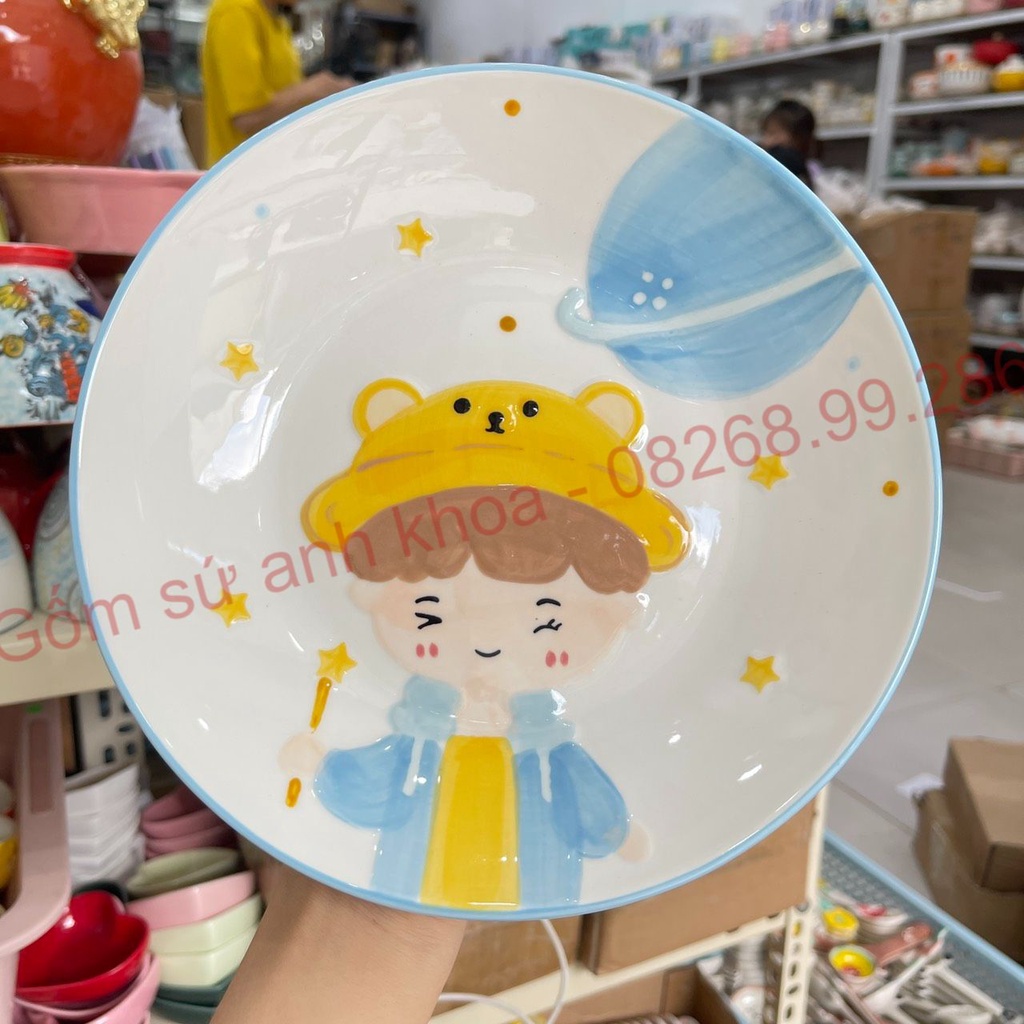 Bộ Bát Đĩa sứ Decor Set Chén Dĩa Sứ 4 món hình cậu bé vẽ tay họa tiết nổi  Dễ Thương Cute Cao Cấp cực kỳ xinh yêu