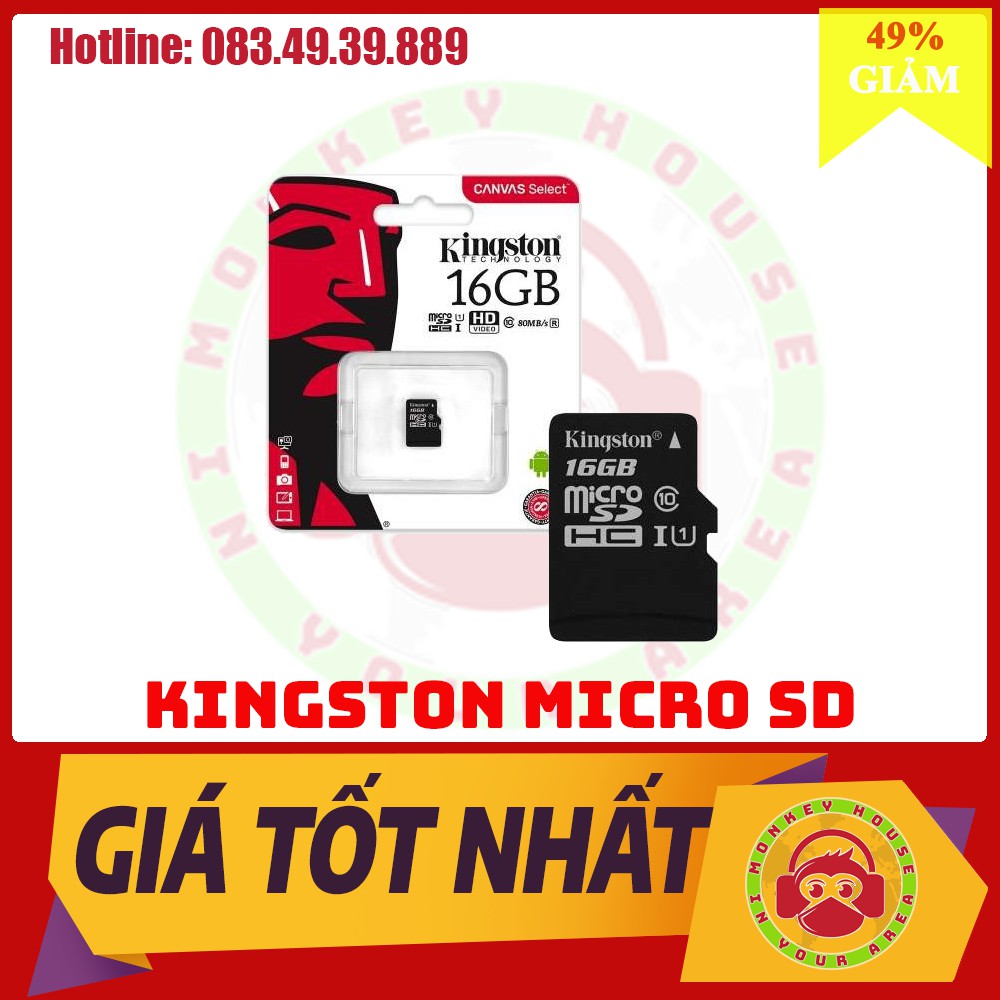 [Giảm 2% nhập "TAPHCLMC6" ] Thẻ nhớ 16GB Kingston MICRO SD Class10 chính hãng FPT phân phối