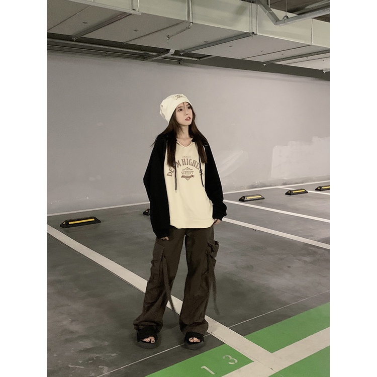 Áo hoodie nữ tay dài dáng rộng in hình màu sắc retro dễ phối đồ phong cách Mỹ