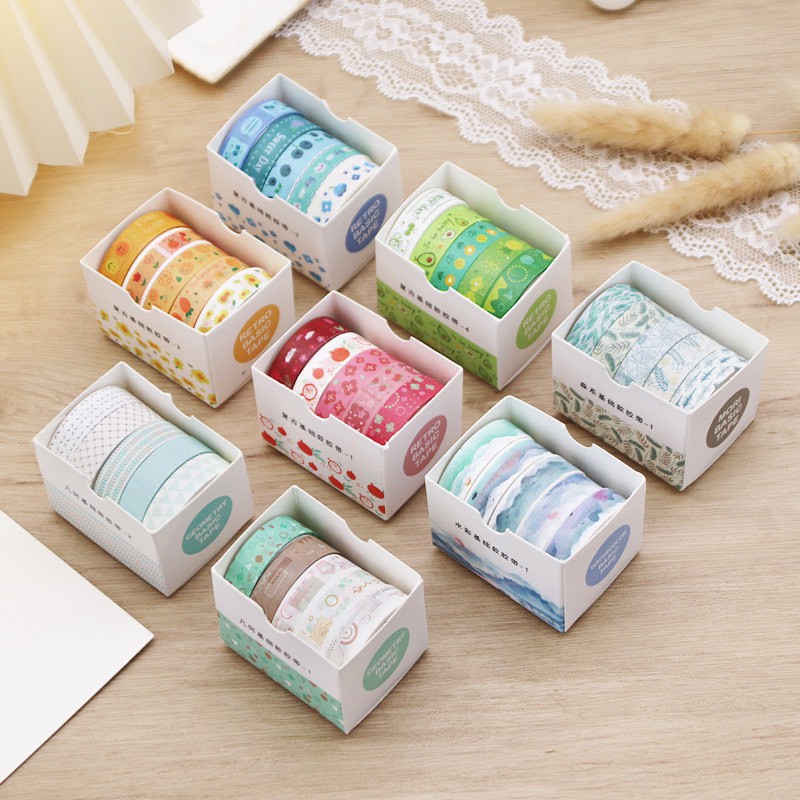 Bộ 5 Cuộn Băng Dính Washi tape màu moradi/retro họa tiết dễ thương dùng trang trí nhật kí / sổ lưu niệm đáng yêu giá rẻ