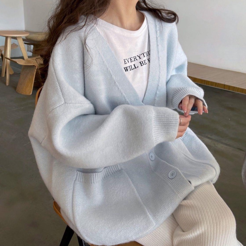 Áo cardigan Len Dáng Rộng Cổ Chữ V Màu Xanh Dương Sữa Phong Cách Thời Trang Thu Đông Hàng Mới 2022