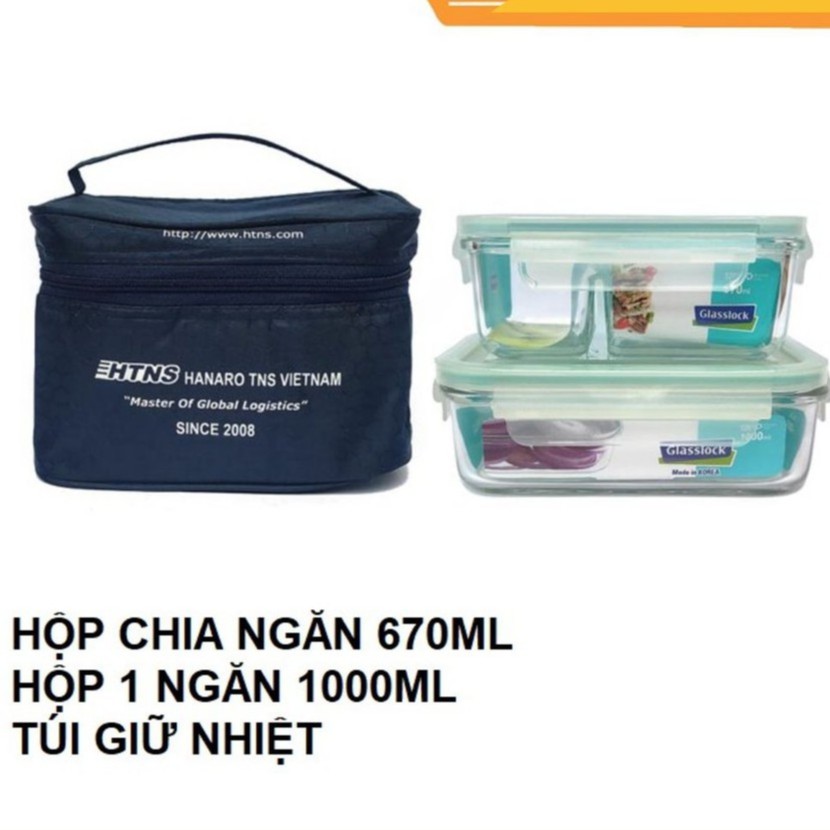 Set 2 hộp đựng cơm Glasslock TẶNG TÚI ( hộp 2 ngăn 670ml+ hộp 1000ml)