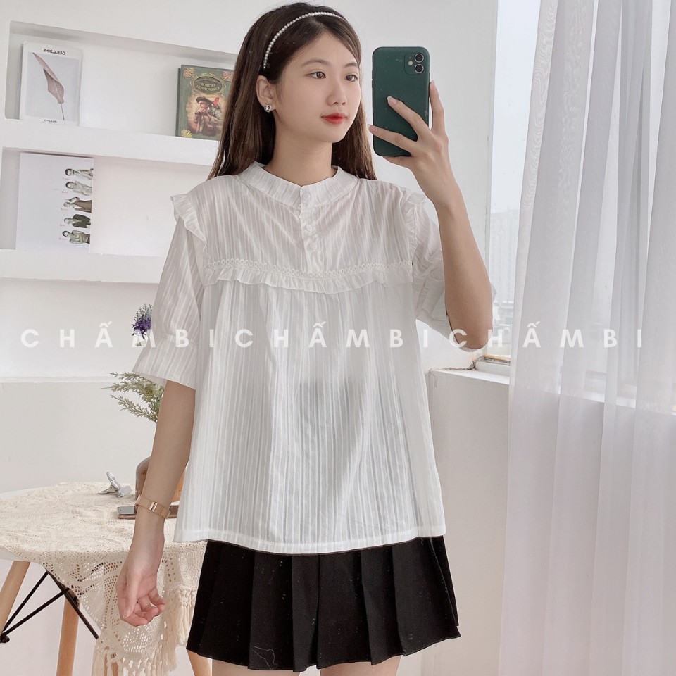 Áo Kiểu Cộc Tay Cổ Tàu Ba Cúc Ngực Viền Bèo Dáng Babydoll Siêu Đáng Yêu Freesize<52Kg -  A.185 | BigBuy360 - bigbuy360.vn