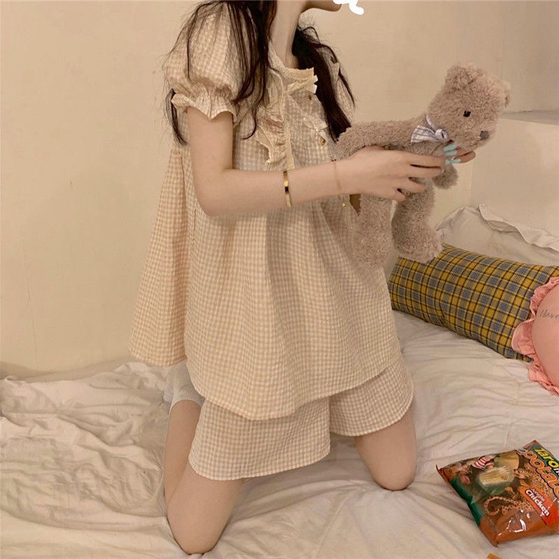 Bộ Đồ Ngủ Ngắn Tay Họa Tiết Caro Dễ Thương Dành Cho Nữ