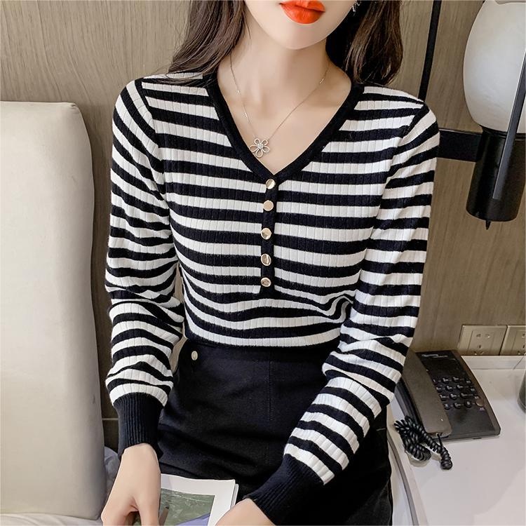 ZHELIHANGFEI Áo Len Tay Dài Cổ Chữ V Dáng Ôm Kẻ Sọc Ngang Trẻ Trung Hợp Thời Trang