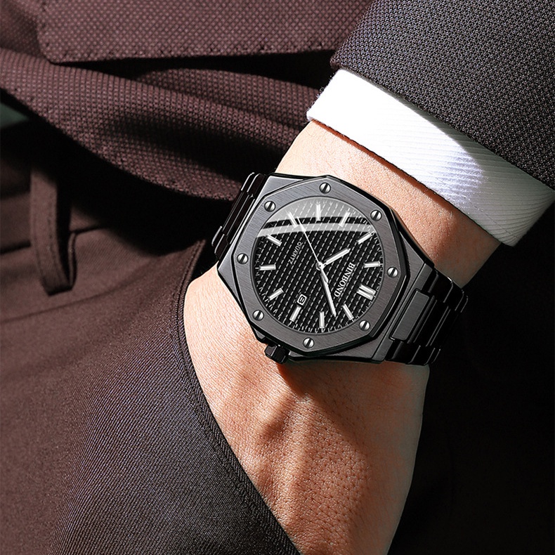 Đồng Hồ Quartz Mặt Bát Giác Dây Thép Thời Trang Cho Nam