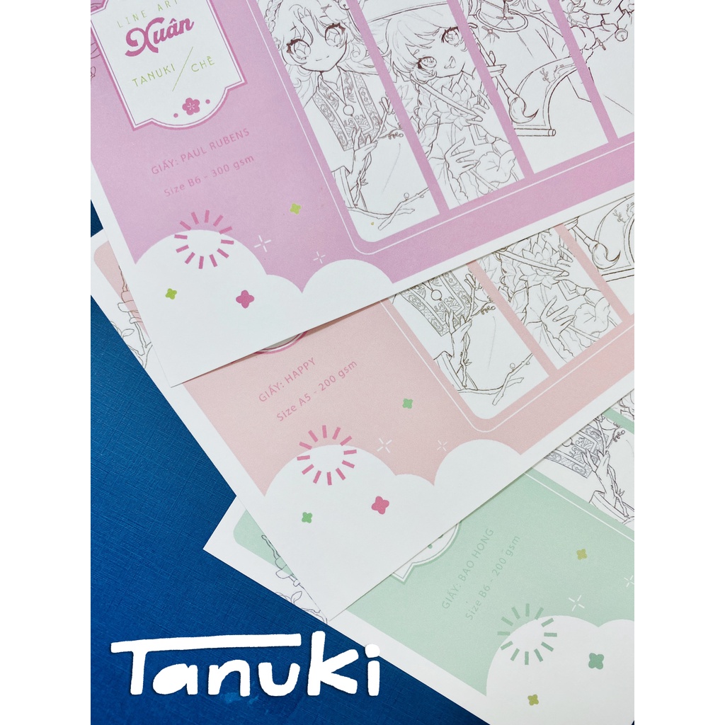 Set giấy line art tập tô màu Tanuki x Chè &quot;Xuân&quot;