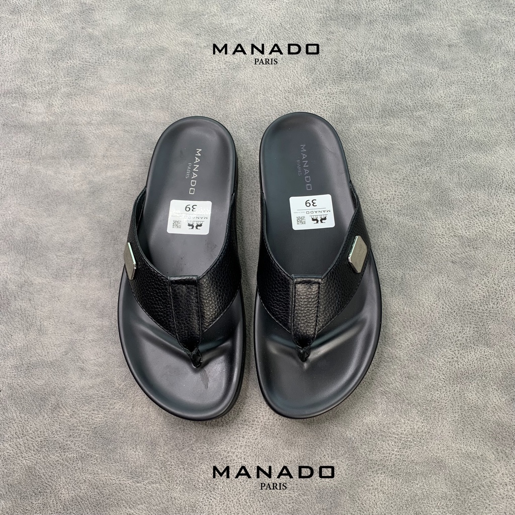 Dép xỏ ngón, dép quai kẹp nam cao cấp Manado Mã MND09 màu đen fullbox, quai da bò mềm mại, đế cao su thiết kế chắc chắn