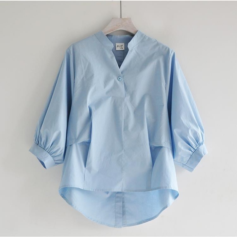Áo Sơ Mi Vải Cotton Cổ V Tay Lồng Đèn Dáng Rộng Màu Trơn Xẻ Tà Lưng Thời Trang Cho Nữ