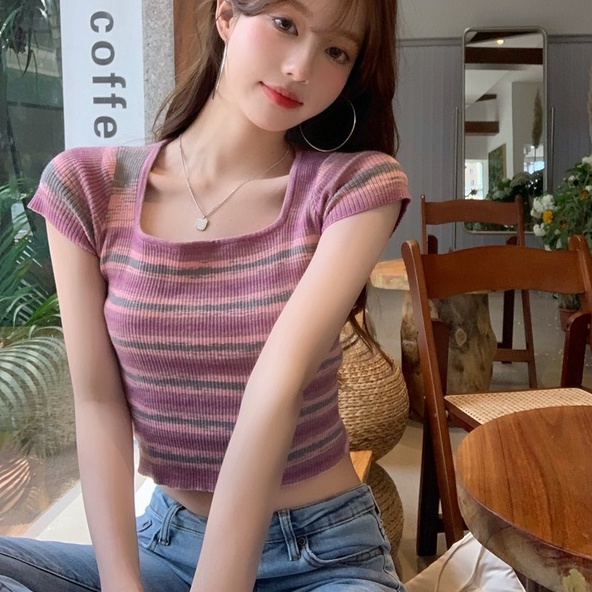 Áo thun ZHELIHANGFEI dệt kim ngắn tay họa tiết kẻ sọc phong cách quyến rũ