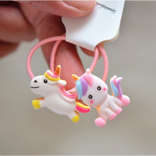 Set 2 dây cột tóc co giãn hình kỳ lân màu cầu vồng dễ thương cho bé gái