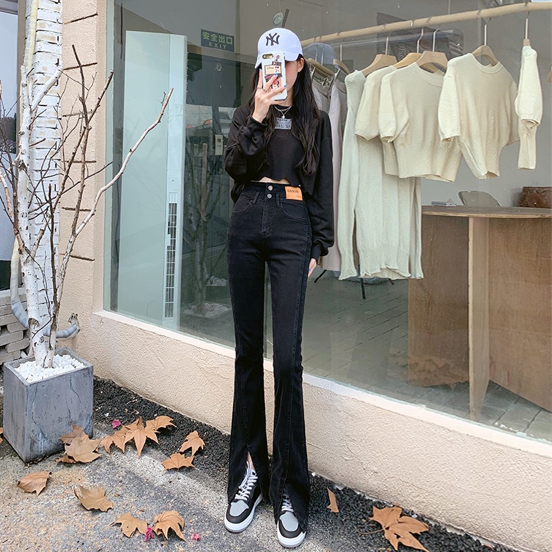 Quần Jeans Nữ Lưng Cao Ống Loe Xẻ Tà Thời Trang Mùa Xuân Size S-2xl