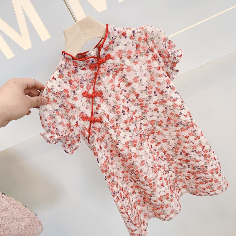 Đầm sườn xám họa tiết hoa thiết kế mới thời trang mùa hè theo phong cách Trung Hoa cho bé gái