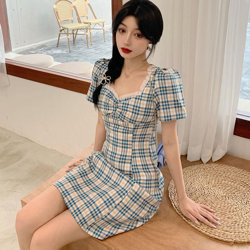 Đầm Tay Ngắn Sọc Ca Rô Thời Trang Cổ Điển Dành Cho Nữ