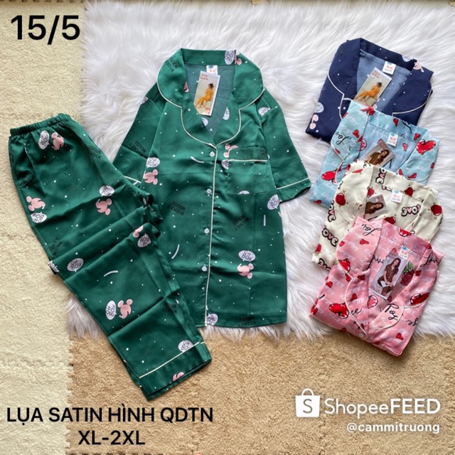 🤗 Big size XL-2XL 🤗 Bộ pijama lụa satin hình tay dài-tay ngắn, túi quần sâu | BigBuy360 - bigbuy360.vn
