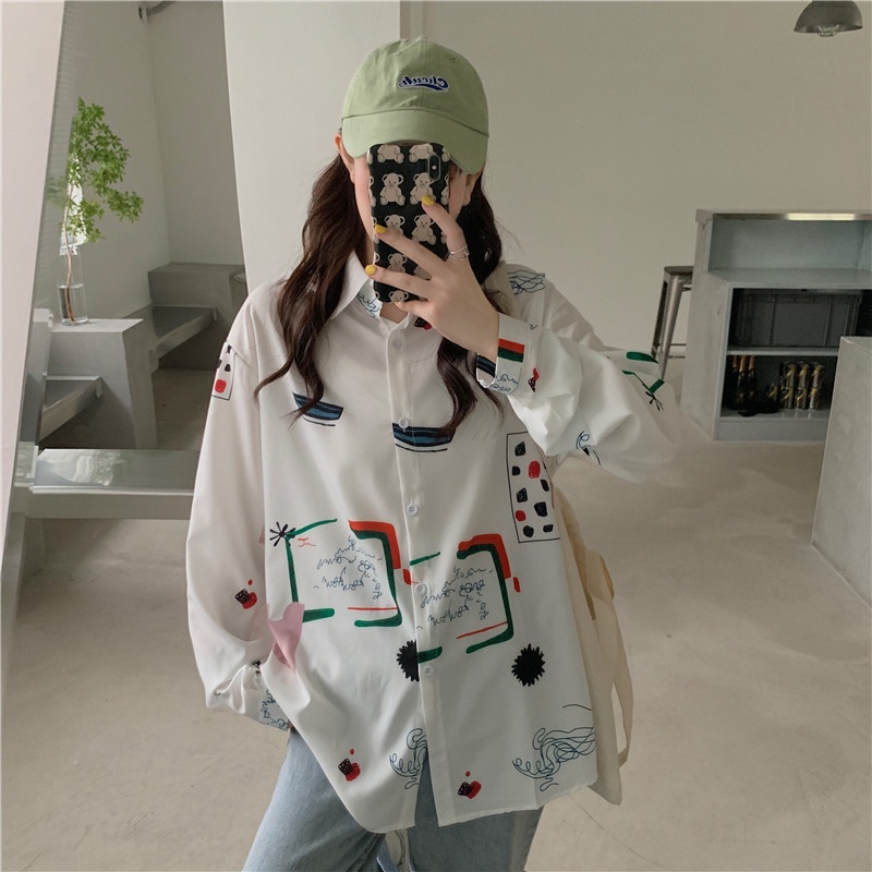 SUXI Áo sơ mi chiffon tay dài in hoa phong cách retro Hàn Quốc cho nữ