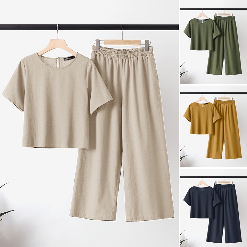 Bộ áo thun tay lỡ cổ tròn + quần dài ống rộng ZANZEA thời trang cho nữ