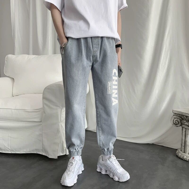 Fashion men's drawstring jeans summer brand thin trousers cut trend Hong Kong style wild harem pants male Korean version loose